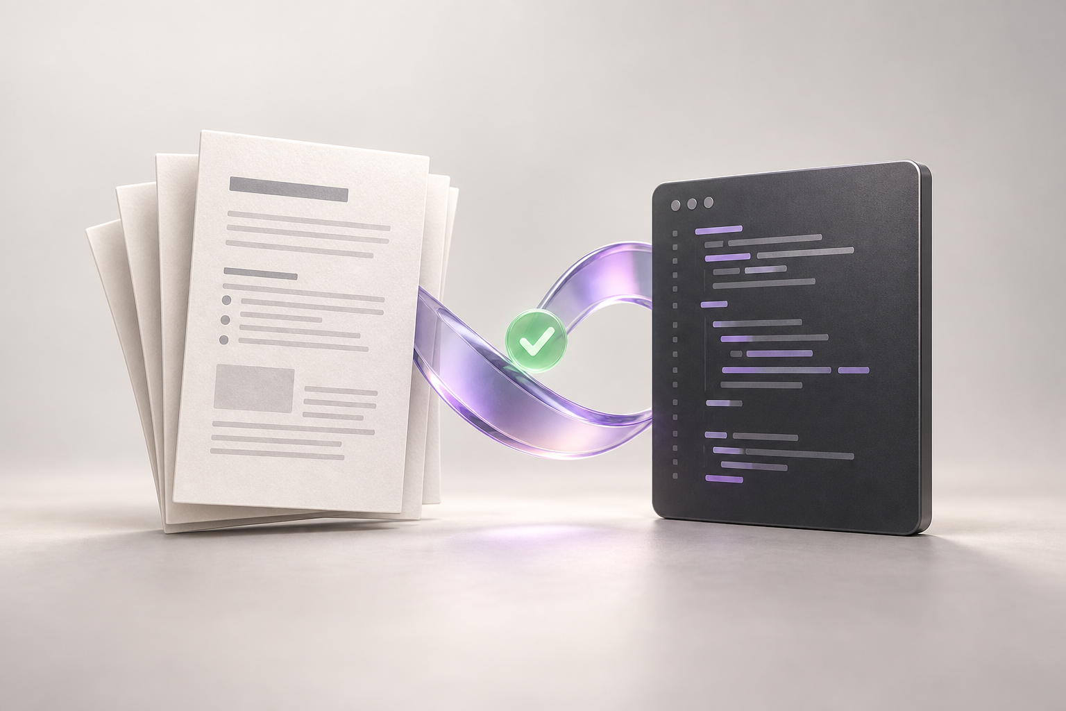 DocsHealer concept illustration: documentation and source code connected by a verification loop